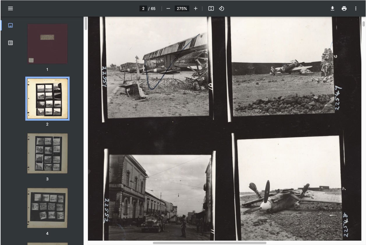 From Army Numerical Album 62, page 2. Burnt out and damaged aircraft on Catania aerodrome. (Photographer No. 3, Roll 42, Lieut. D.E. Dolan. Catania, taking of city, Aug 6, 43).