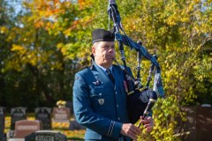Captain Fraser Clark performs the Piper's lament while spectators stand in a moment of silence during the memorial commemoration of Sergeant(Retired) Nadine Manning, who was the last remaining Imagery technician that served in World War 2.  This photo was taken at Lakehead Cemetery in Point-Claire, Quebec on November 6th, 2021.

Please credit: Cpl Thomas Lee, Canadian Forces Combat Camera, Canadian Armed Forces Photo