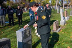 Sergeant Carole Gosselin, National Defence Imagery Library, presents a symbolic coin representing the Imagery Technician trade during the memorial commemoration of Sergeant(Retired) Nadine Manning, who was the last remaining Imagery technician that served in World War 2.  This photo was taken at Lakehead Cemetery in Point-Claire, Quebec on November 6th, 2021.

Please credit: Cpl Thomas Lee, Canadian Forces Combat Camera, Canadian Armed Forces Photo
